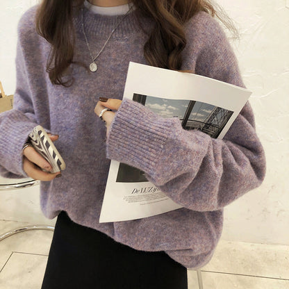 Women Fashion Casual Loose Solid Color Round Neck Long Sleeve Knitwear