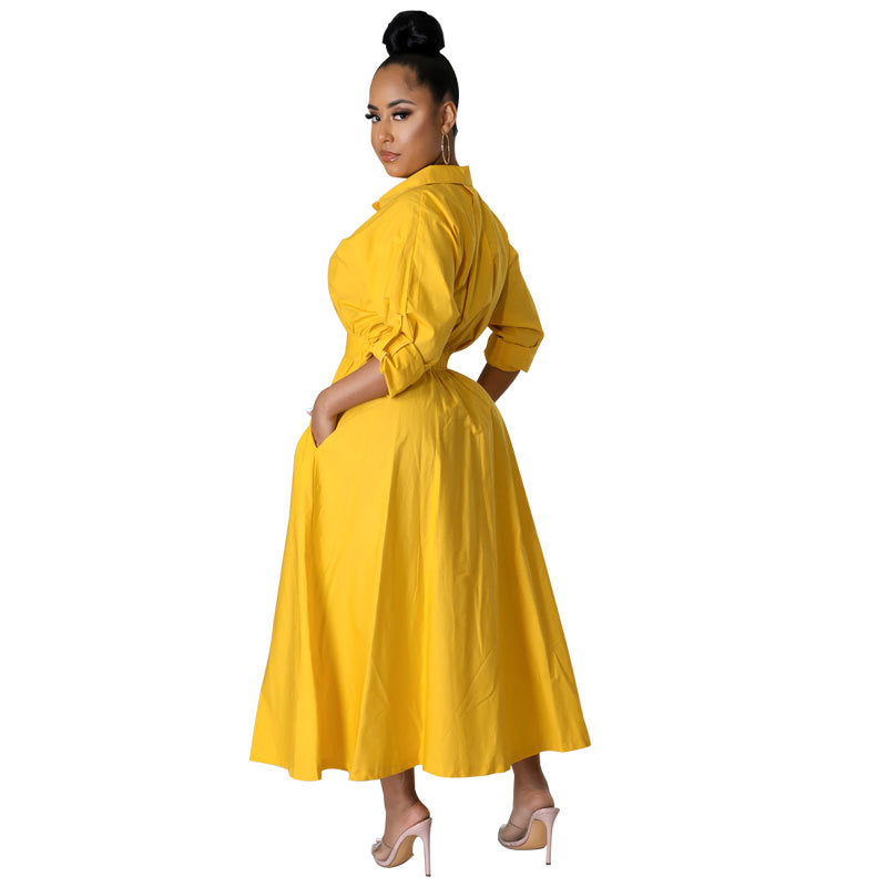 Elegant Women Casual Long-Sleeved Solid Color Maxi Shirt Dress
