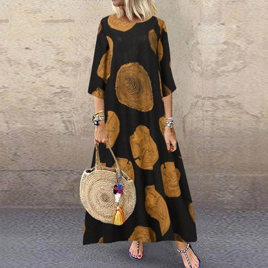 Women Casual Vintage Half Sleeve Round Neck Loose Maxi Dress