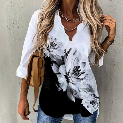 Autumn Winter Women Casual Wavy Neckline Long Sleeve Floral Blouse