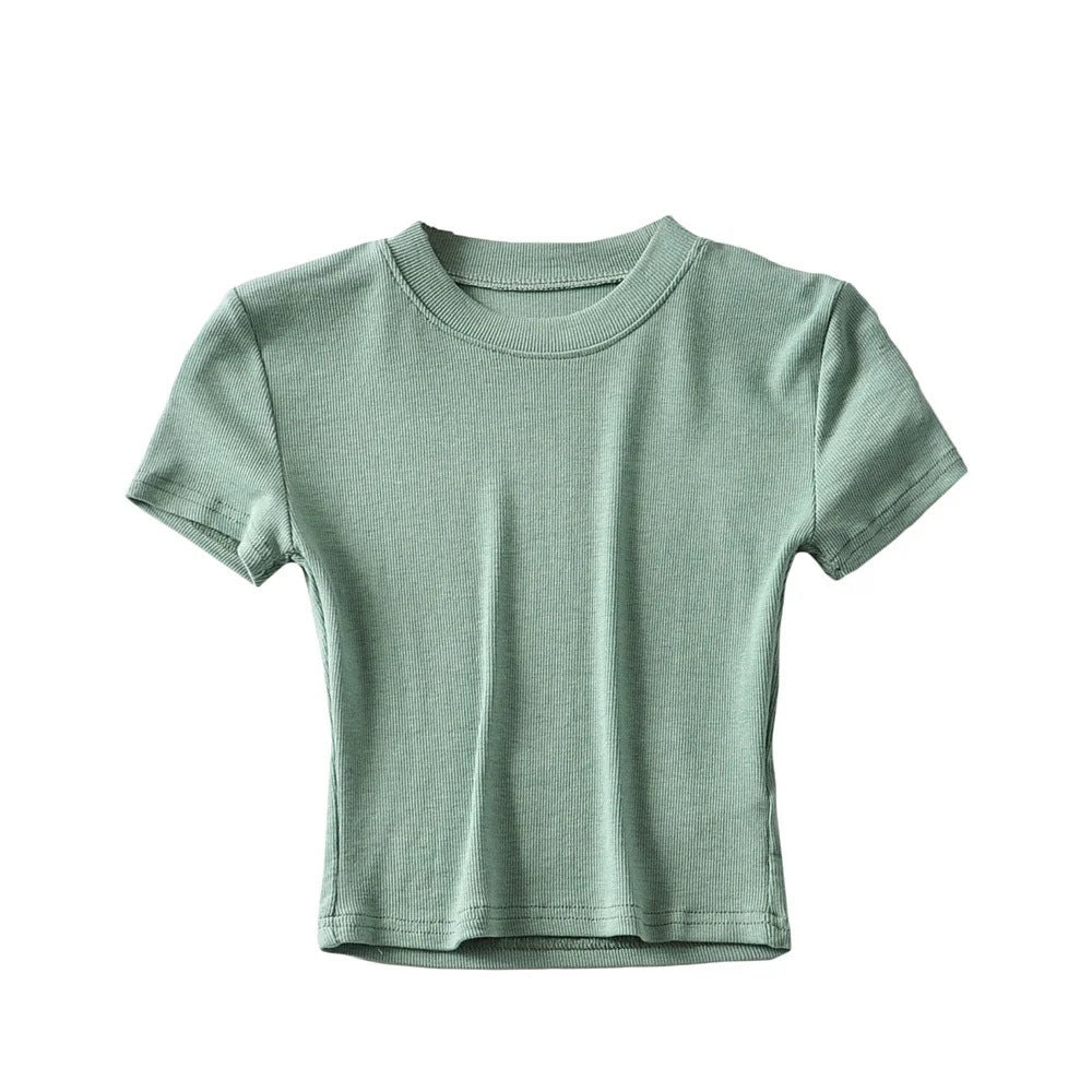 Camiseta informal de verano para mujer, color liso, cuello redondo, manga corta, sin mangas