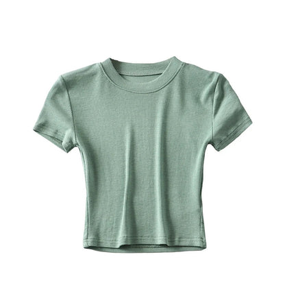 Camiseta informal de verano para mujer, color liso, cuello redondo, manga corta, sin mangas