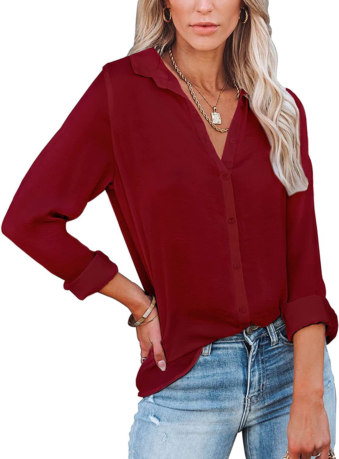 Blusa informal sencilla de manga larga con solapa en color liso para mujer