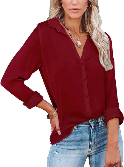 Blusa informal sencilla de manga larga con solapa en color liso para mujer