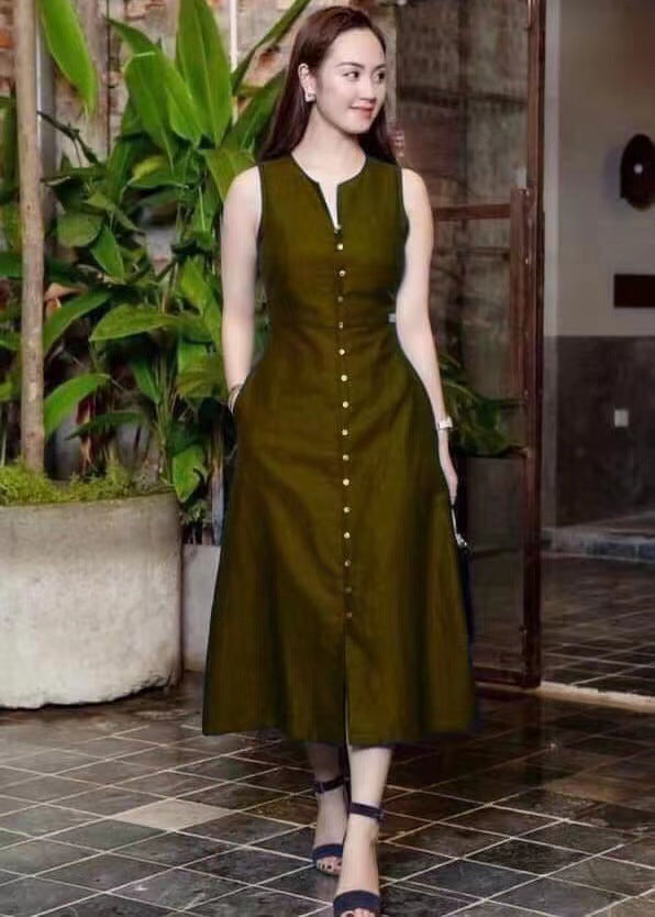 Summer Women Casual Solid Color Round Neck Sleeveless Dress