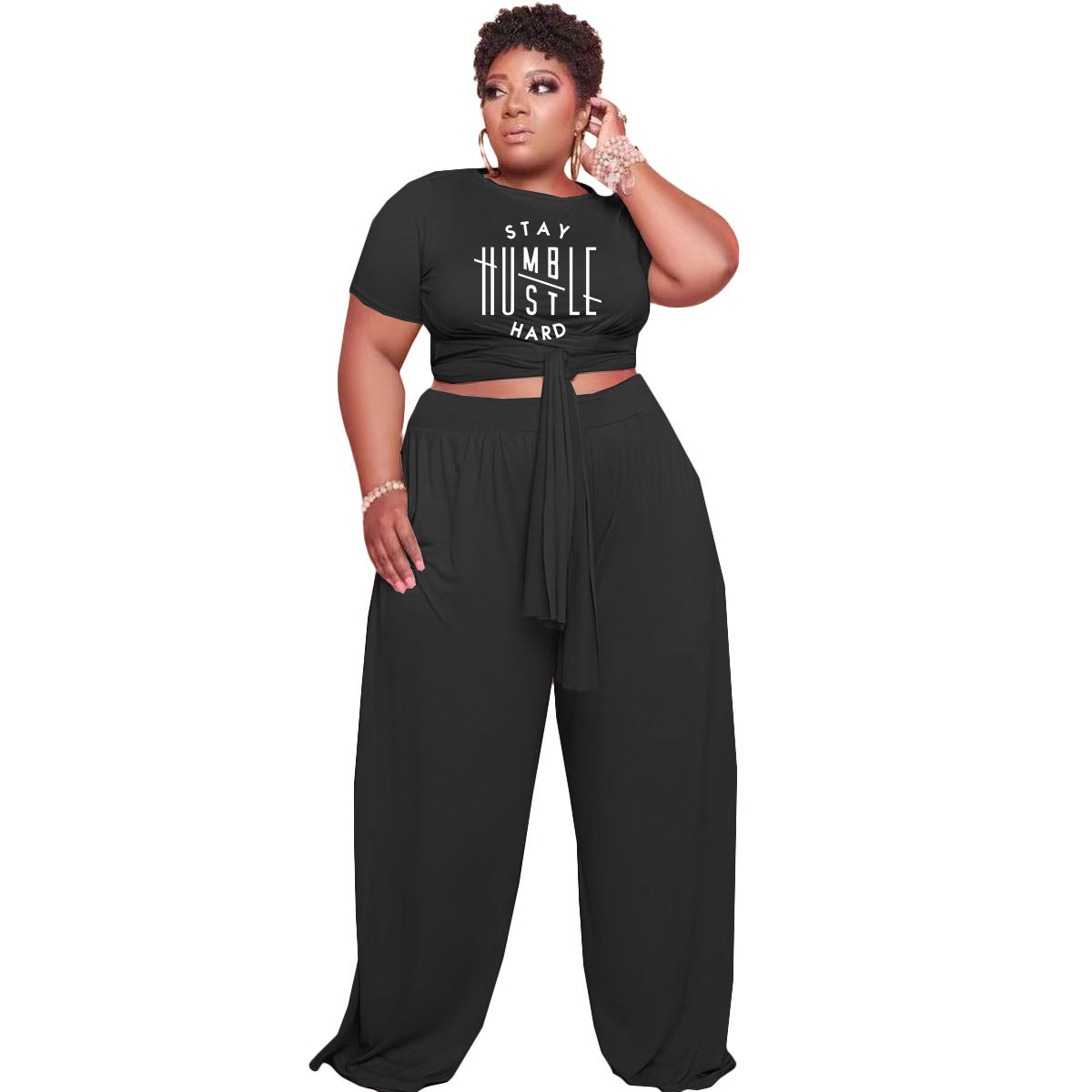 Conjunto de dos piezas de moda para mujer, talla grande, informal, con estampado de letras, manga corta y pantalones rectos