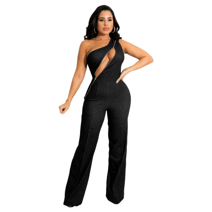 Women Elegant Night Out Fashion Casual Zipper Solid Color Sleevelsss Oblique Shoulder Jumpsuits