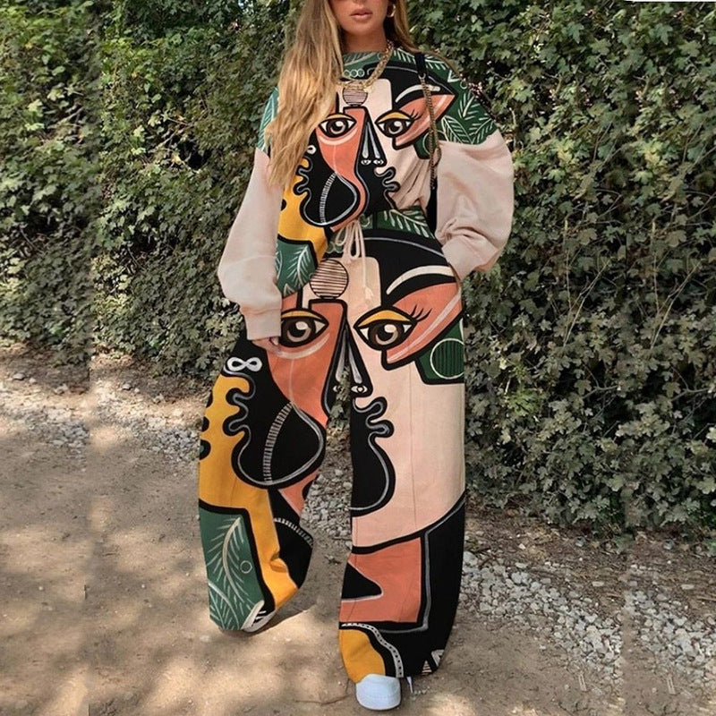 Conjunto de top y pantalón básico de manga larga con cuello redondo y estampado holgado para mujer