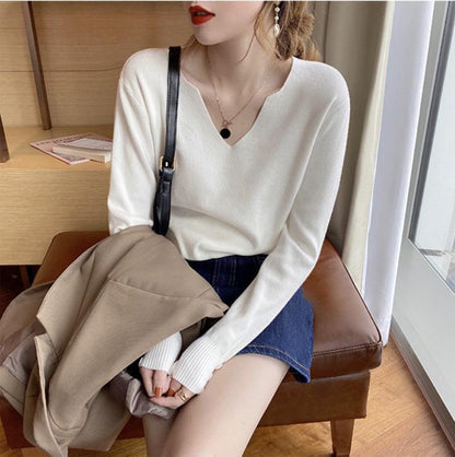 Women Casual Solid Color V-Neck Knitted Long Sleeve Sweater