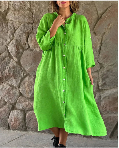 Women'S Fashion Casual Cotton Linen Solid Color Stand Collar Single-Breasted Dress