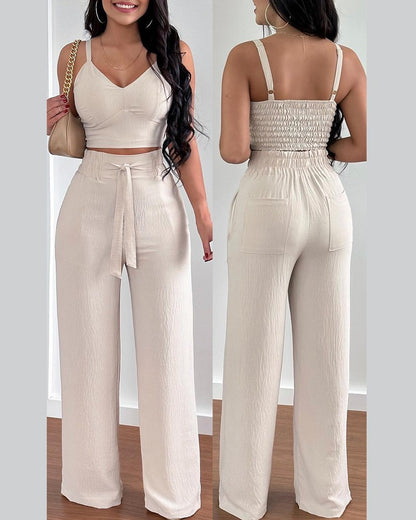 Conjunto de dos piezas para mujer, con top corto, pantalones holgados con cordones y estampado floral informal