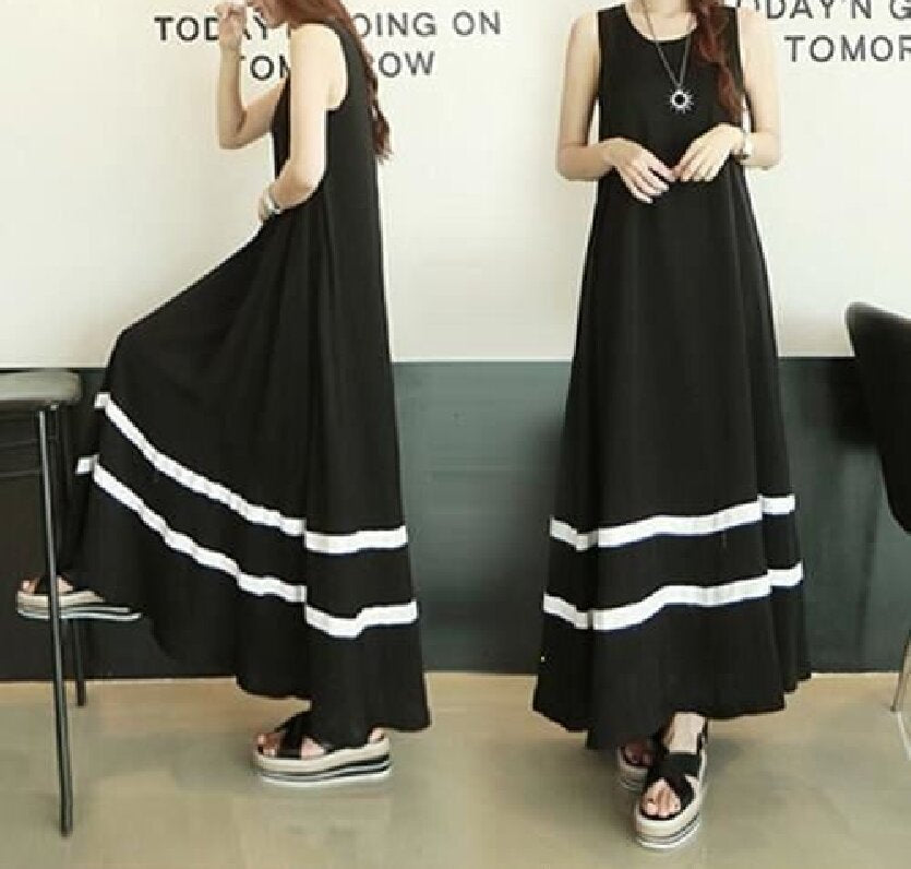 Summer Women Casual Loose Sleeveless Crewneck Maxi Dress