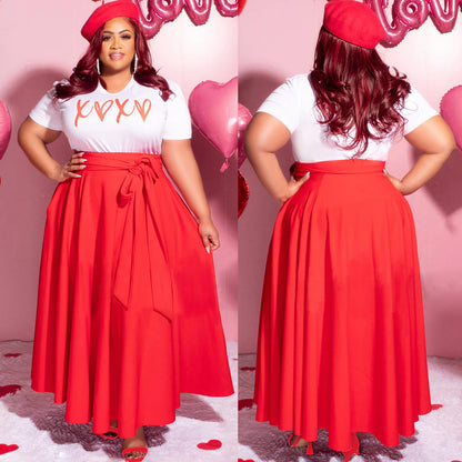 Women Casual Plus Size Letter Print High Waist Pleated Dress
