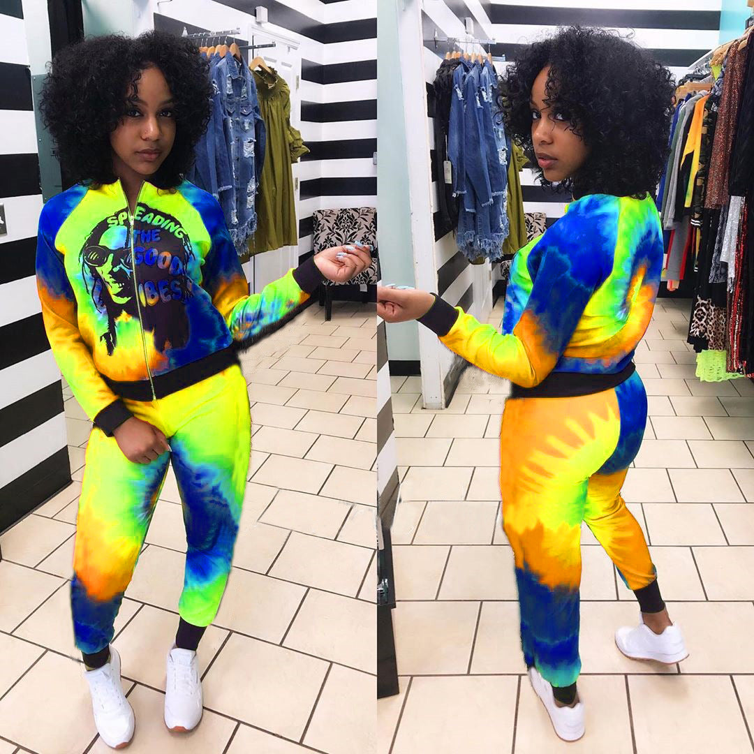 Conjunto de dos piezas informal de moda para mujer, con top y pantalón de manga larga con cremallera y estampado tie-dye
