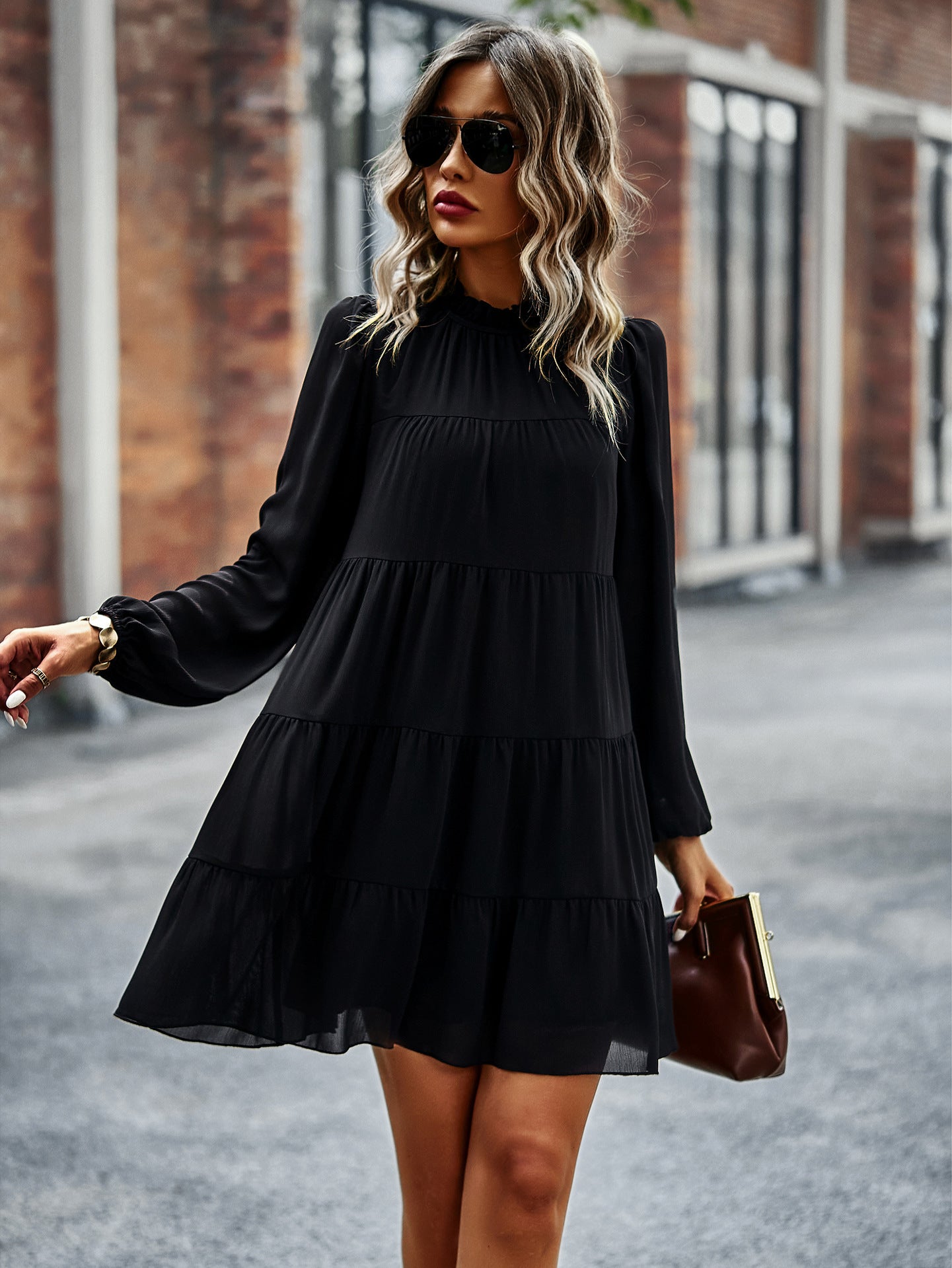 Women Casual Solid Color Stitching Round Neck Loose Long Sleeve Dress
