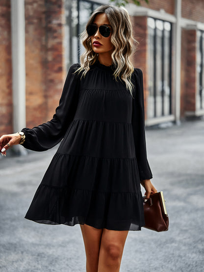 Women Casual Solid Color Stitching Round Neck Loose Long Sleeve Dress