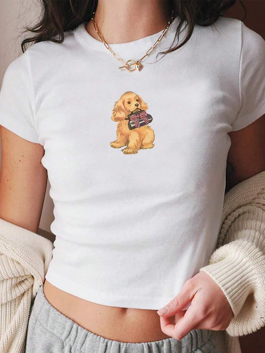 Camiseta informal de manga corta con estampado ajustado para mujer