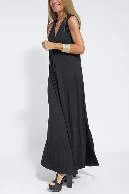 Women Casual Solid Color V-Neck Sleeveless Maxi Dress