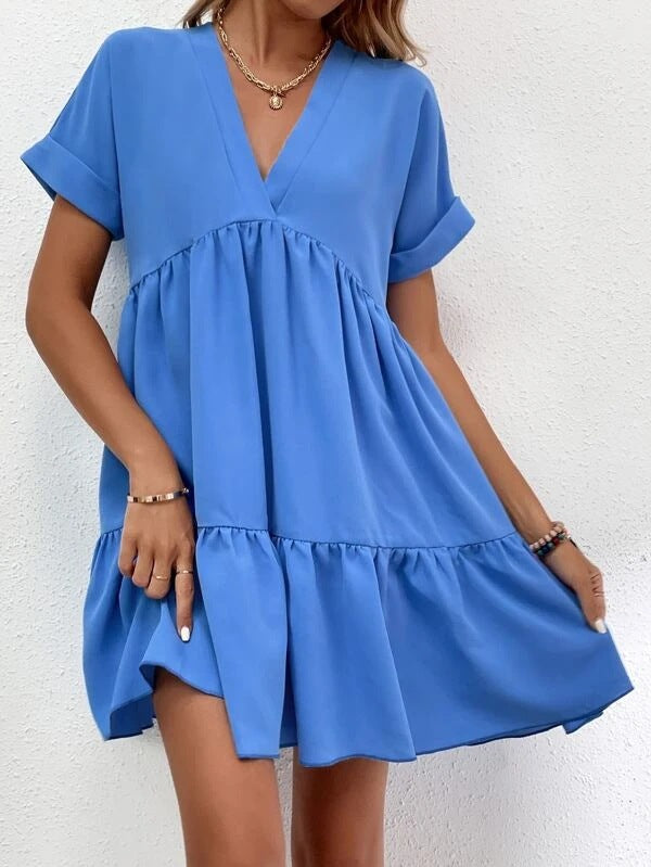 Vestido informal de verano para mujer, con escote en V y manga corta, estilo swing grande