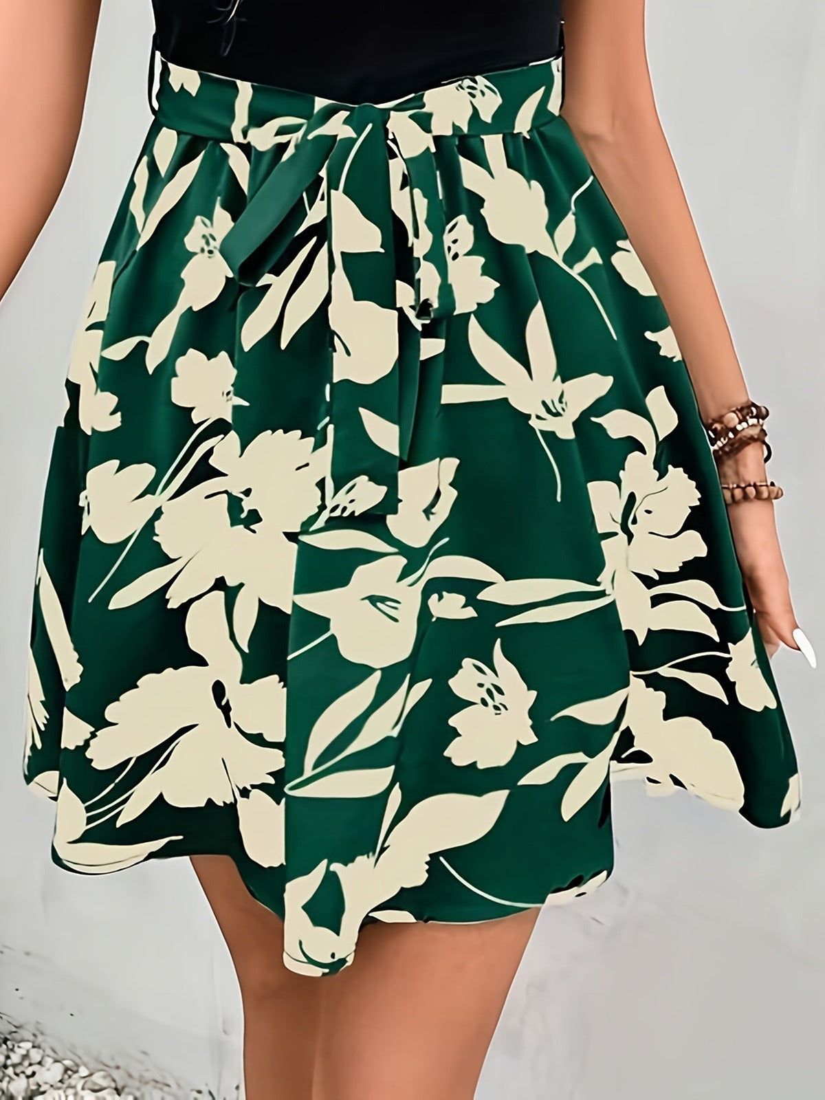 Women Fashion Casual Floral Pinted Lace-Up Pleated Skirt