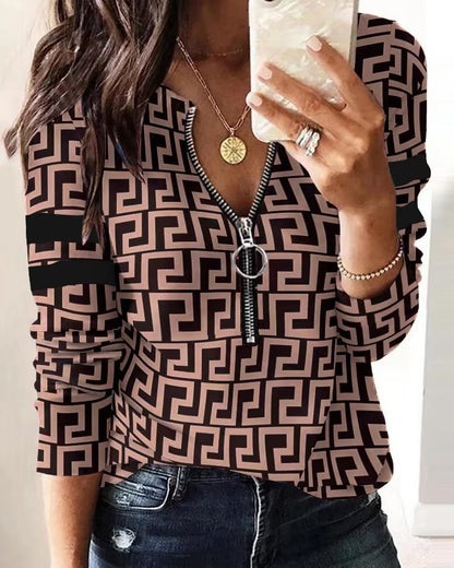 Blusa informal de manga larga con cremallera y estampado de letras para mujer