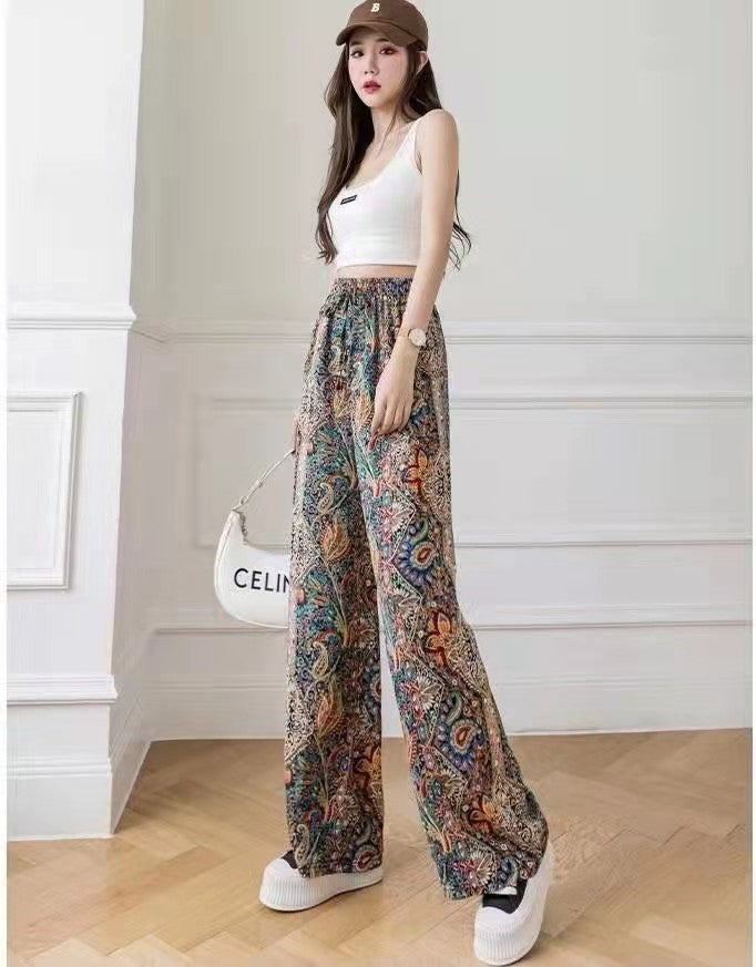 Women Summer Basic Casual Tie-Dye High Waist Ice Silk Wide-Leg Trousers