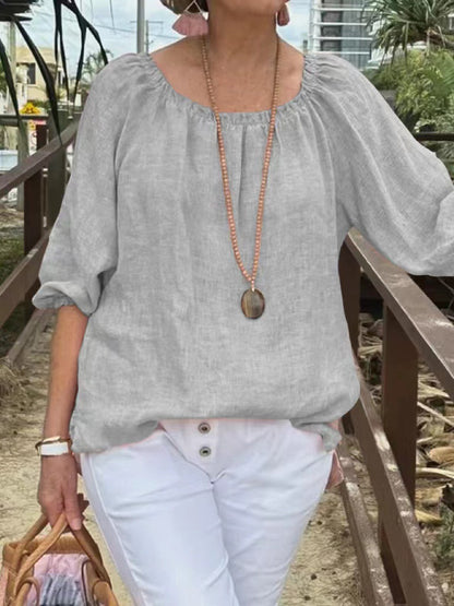Women Casual Solid Color Round Neck Cotton Linen Plus Size Top