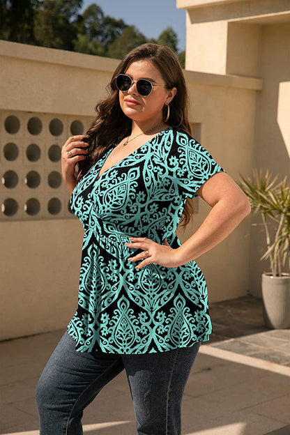 Blusa informal de verano con cuello en V y manga corta con estampado floral para mujer, talla grande