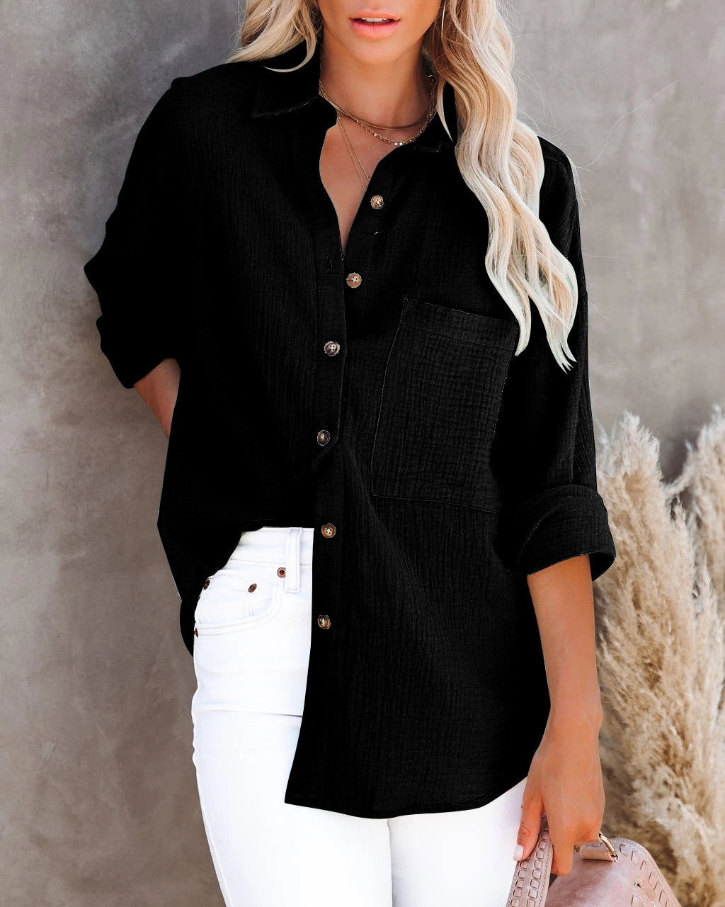 Blusa informal de lino y algodón con botones, cuello en V y manga larga para mujer
