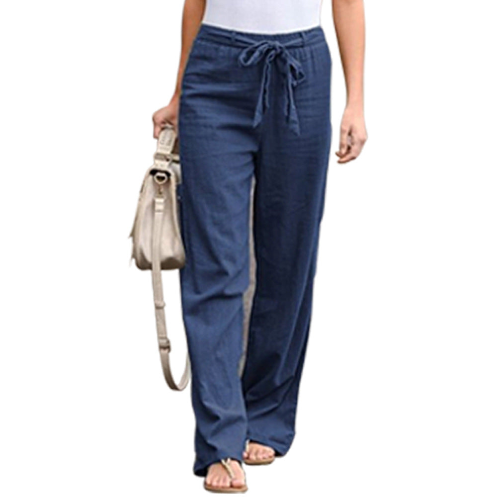 Women Solid Color Linen High Waist Lace Up Wide Leg Casual Pants