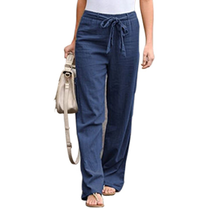 Women Solid Color Linen High Waist Lace Up Wide Leg Casual Pants
