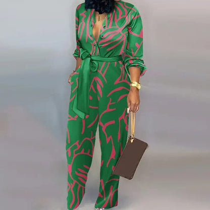 Women Fashion Loose Printed High Waist Casual Straight Jumpsuits