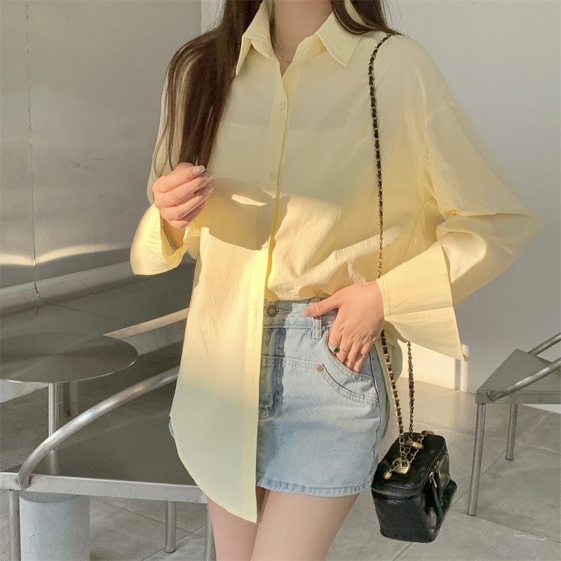 Women Basic Casual Long-Sleeved Shirt Loose Mid-Length Office Blouse