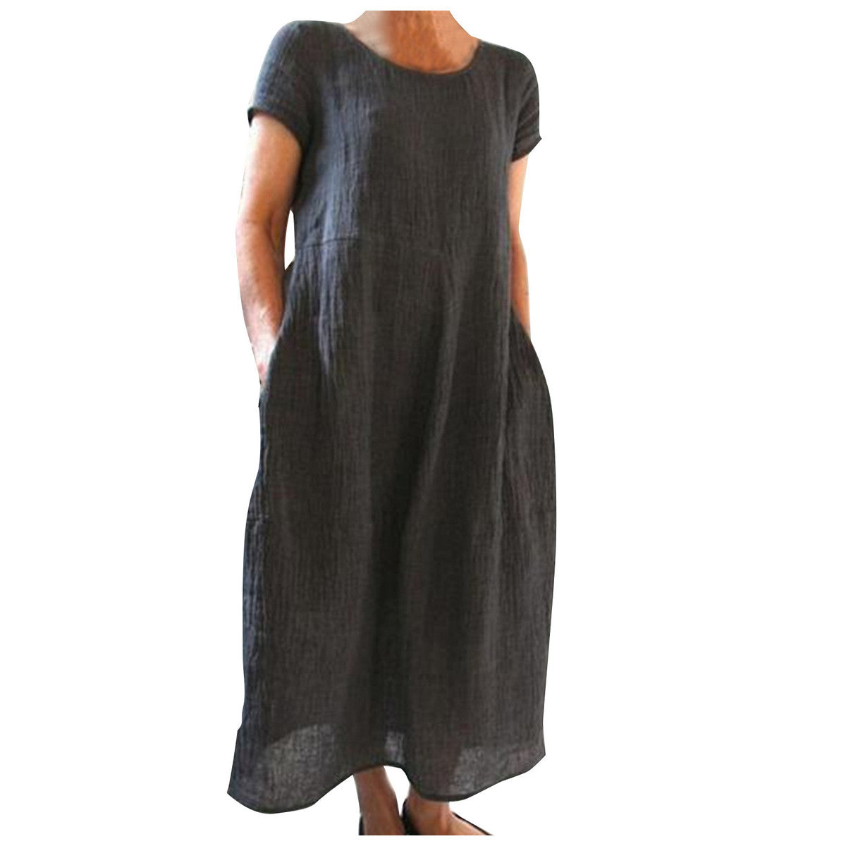 Women Solid Color Casual Loose Cotton And Linen Dress