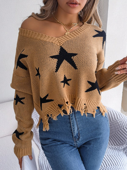 Autumn Winter Women Fashion Casual V-Neck Star Hole Long Sleeve Knitted Sweater