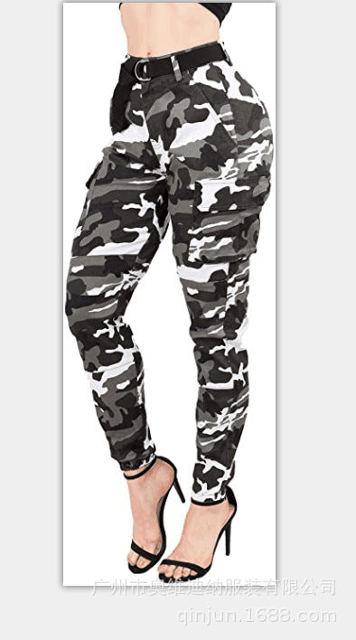 Women Casual Street Plus Size High-Waist Multi-Pocket Camouflage Cargo Pants