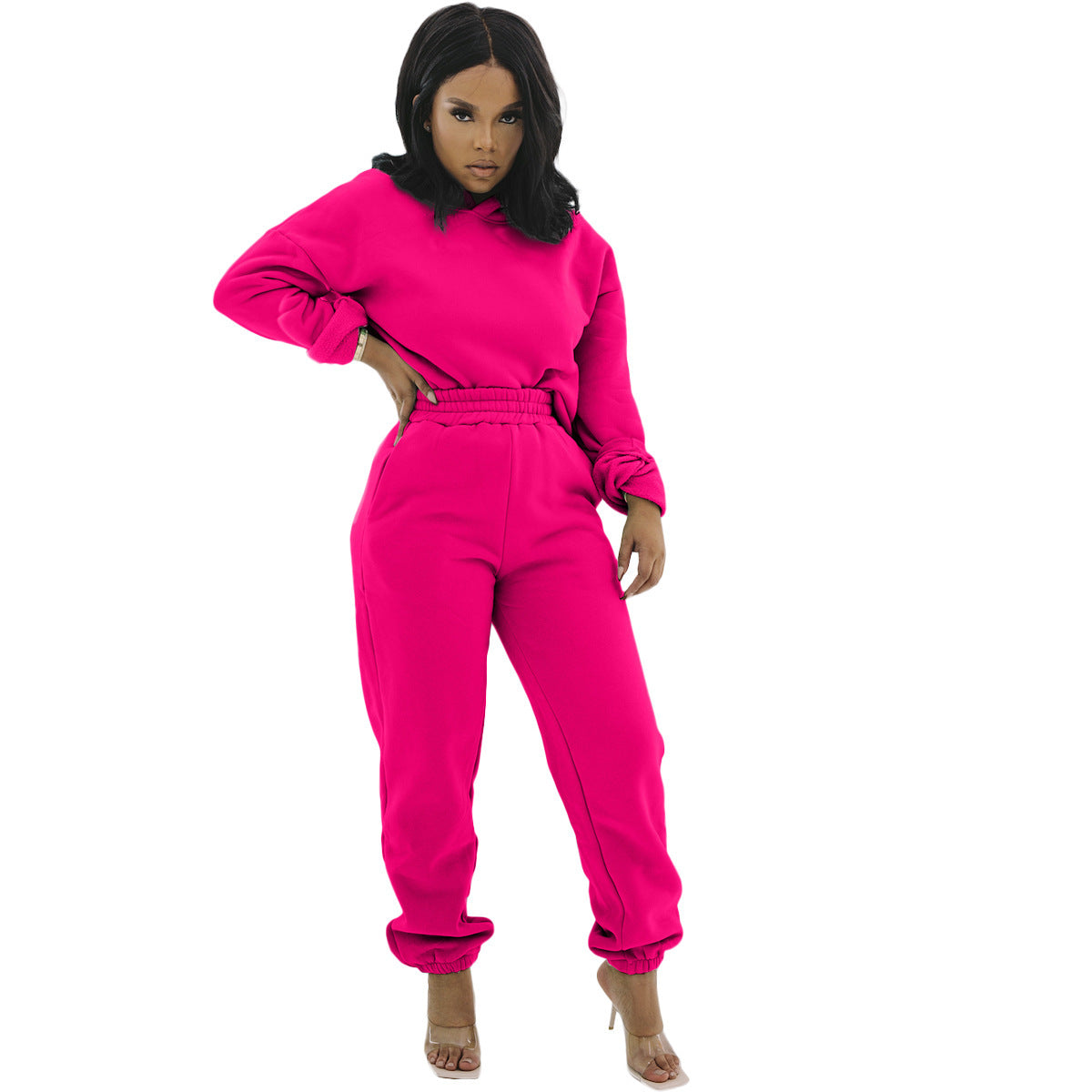 Conjunto deportivo informal de sudadera con capucha y pantalones de chándal de manga larga de color liso para mujer