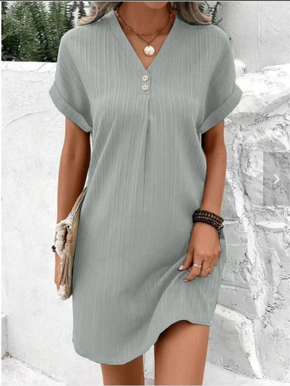 Vestido informal de oficina para mujer, elegante, de color liso, con cuello en V, cómodo, de manga corta y botones