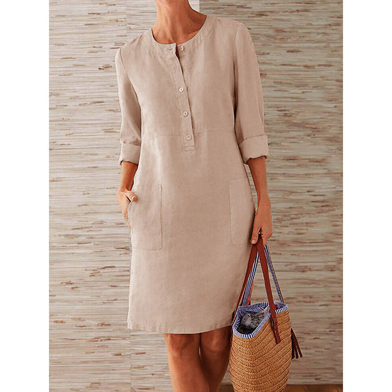 Women'S Casual Solid Color Round Neck Long Sleeve Dress