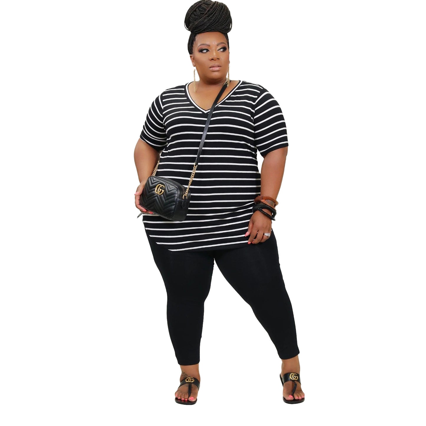 Women Casual Plus Size Stripe Printed Short Sleeves Top And Solid Color Skinny Pants Set