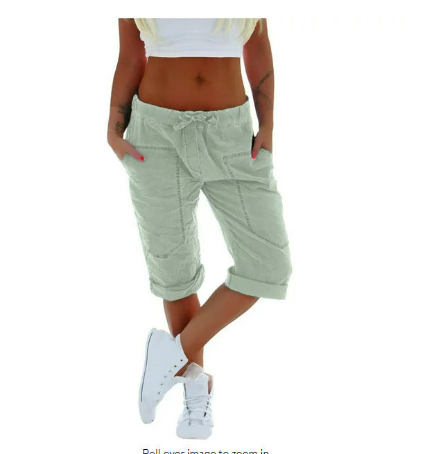 Women Summer Casual Solid Color Drawstring Waist Cropped Pants