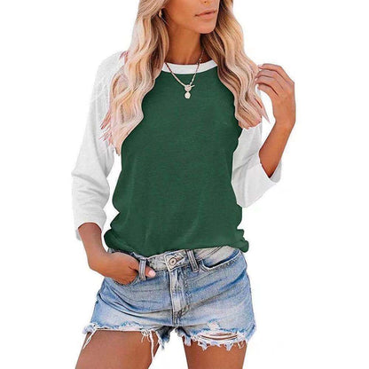 Camiseta informal de manga larga con cuello redondo y contraste de colores para mujer