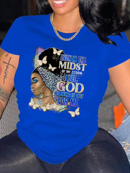 Women Casual Loose Plus Size Round Neck Short-Sleeved Pretty Girl Graphics Colorful Printed T-Shirt