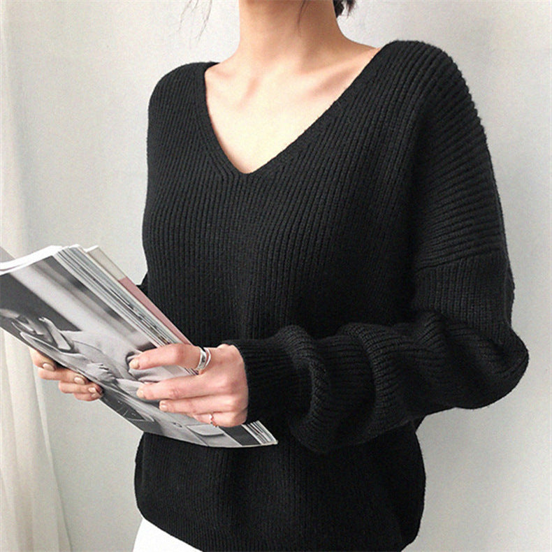 Autumn Winter Women Solid Color Casual V-Neck Long Sleeve Knitted Sweater