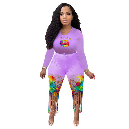 Conjunto deportivo informal de dos piezas para mujer, con estampado gráfico, manga larga, cuello redondo y pantalones con borlas y efecto tie-dye
