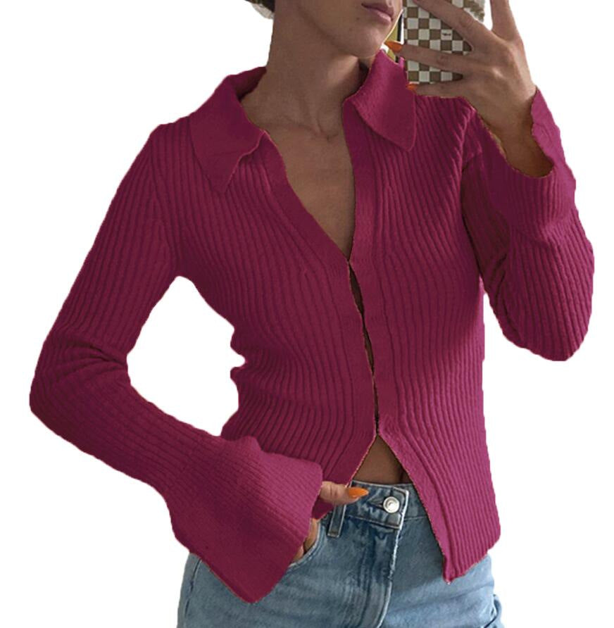 Women Casual Solid Color Lapel Long Sleeve Knitted Sweater