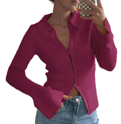 Women Casual Solid Color Lapel Long Sleeve Knitted Sweater