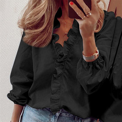 Blusa informal con cuello en V y mangas farol con volantes para mujer