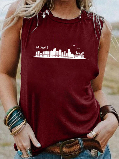 Women Fashion Casual High-Rise Printed Round Neck Sleeveless Tank Top