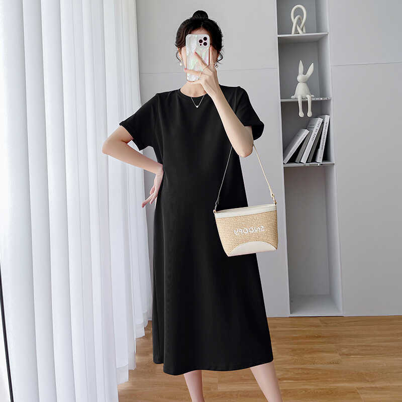 Pregnant Women Casual Solid Color Round Neck Short Sleeve Loose Dress